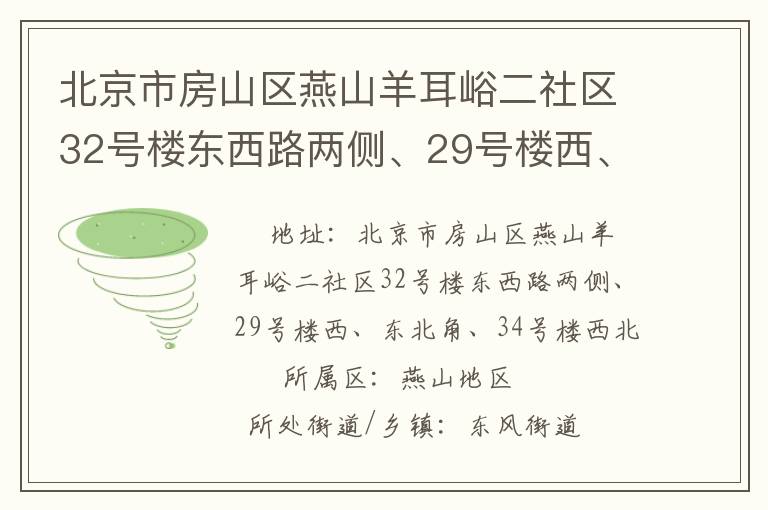 北京市房山區(qū)燕山羊耳峪二社區(qū)32號(hào)樓東西路兩側(cè)、29號(hào)樓西、東北角、34號(hào)樓西北