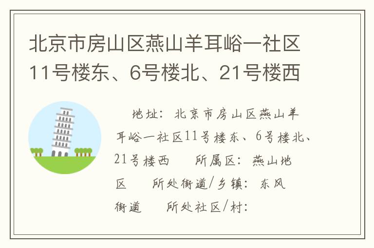 北京市房山區(qū)燕山羊耳峪一社區(qū)11號(hào)樓東、6號(hào)樓北、21號(hào)樓西