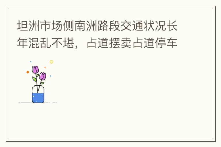 坦洲市場(chǎng)側(cè)南洲路段交通狀況長(zhǎng)年混亂不堪，占道擺賣占道停車嚴(yán)重，時(shí)有機(jī)動(dòng)車逆行，非機(jī)動(dòng)車更是隨意逆行，順行機(jī)動(dòng)車與非機(jī)動(dòng)車混行緩慢，沒各行其道。南洲路與大興路平交路口沒有規(guī)劃好，交通擁堵是常態(tài)，即時(shí)有交