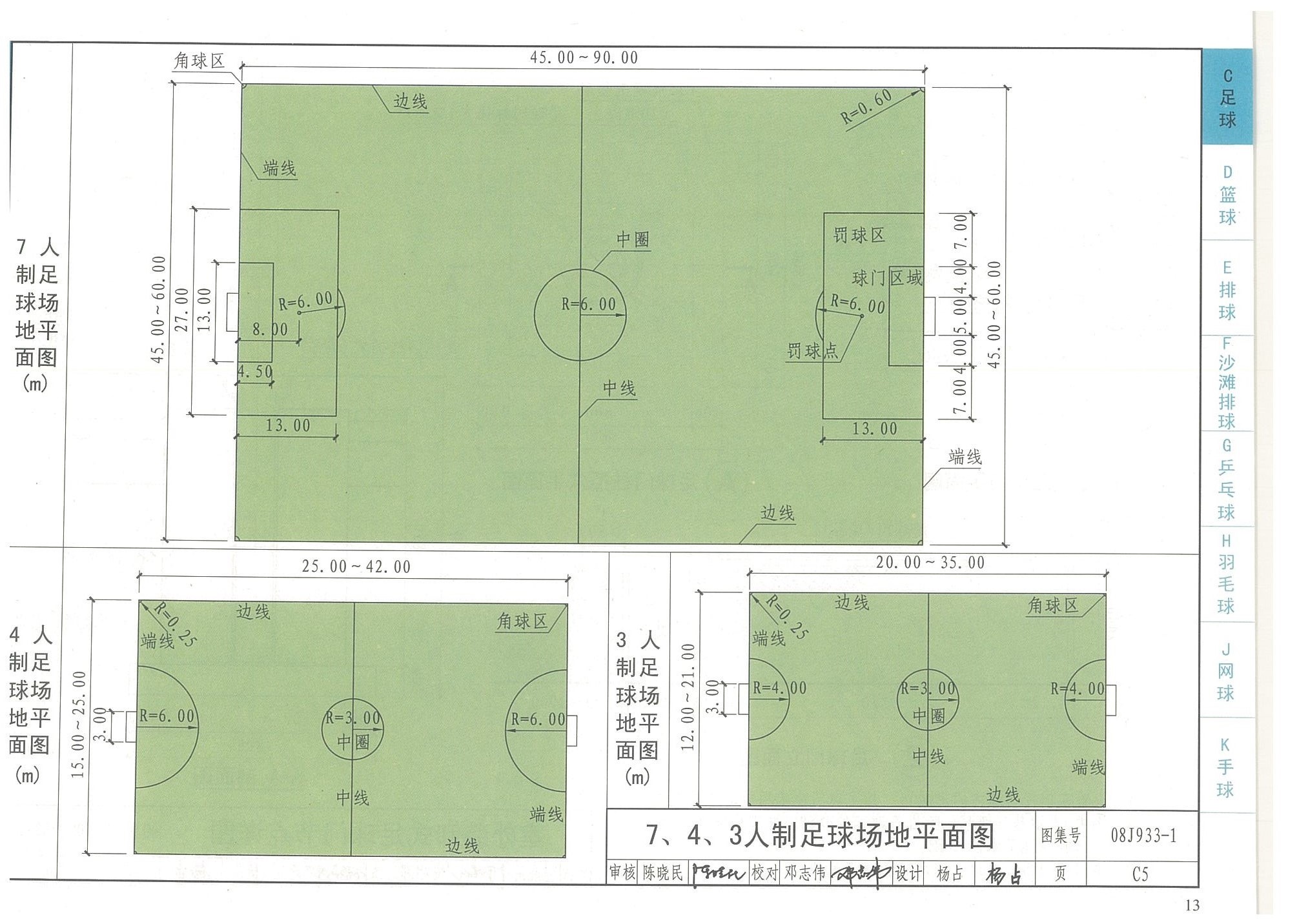 7、4、3人制足球場地平面圖-國家建筑標準設計圖集08J933-1
