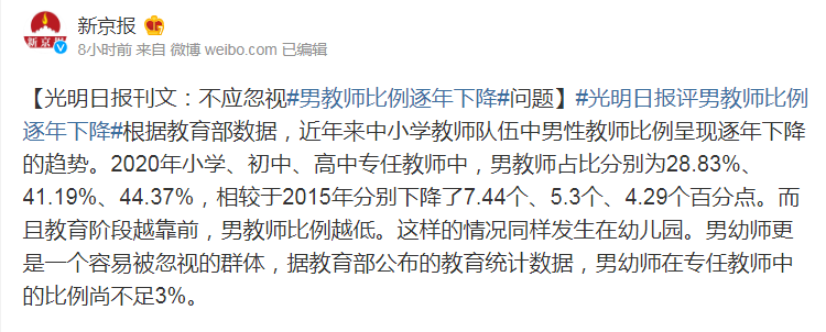 教師行業(yè)“陰盛陽衰”，男教師比例逐年下降，鐵飯碗為何不香了？