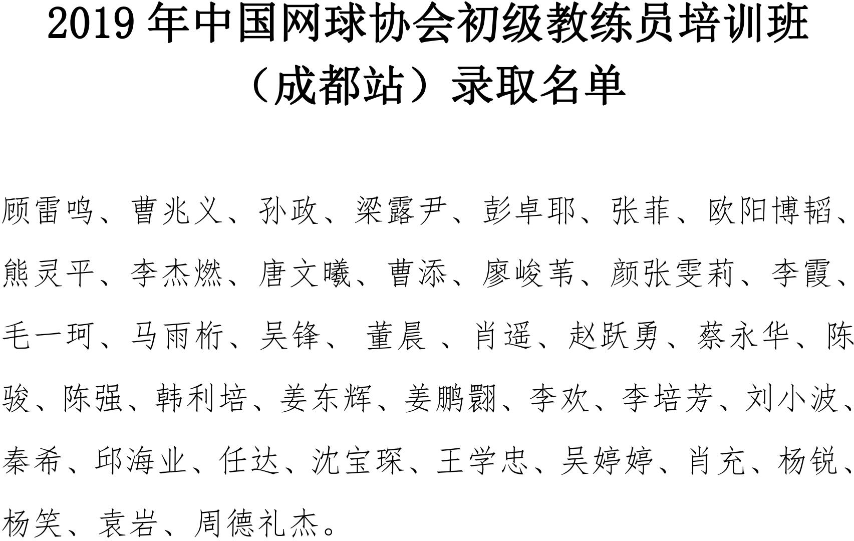 2019年中國(guó)網(wǎng)球協(xié)會(huì)初級(jí)教練員培訓(xùn)班（成都站）錄取名單