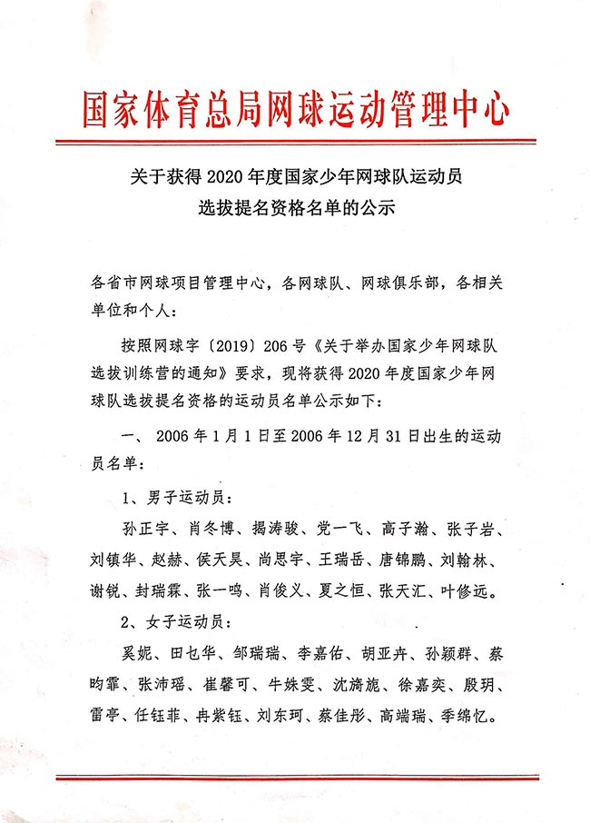 關于獲得2020年度國家少年網(wǎng)球隊運動員選拔提名資格名單的公示